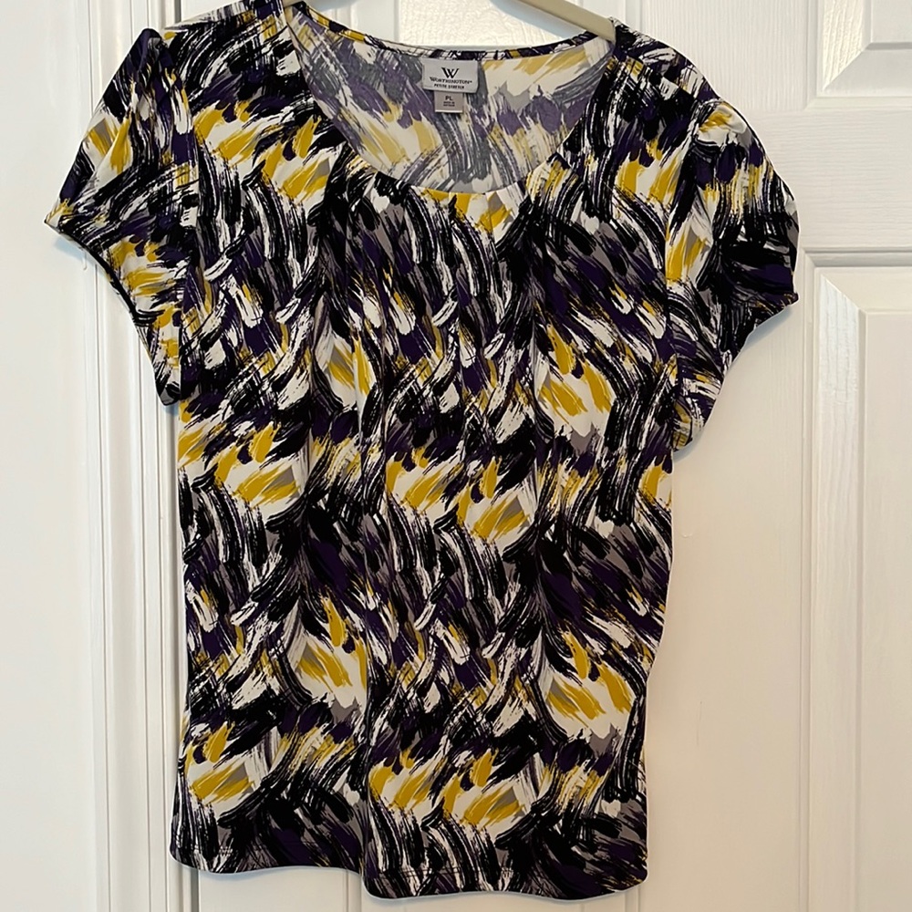 Worthington PL, black, purple, mustard yellow,& white top. $5